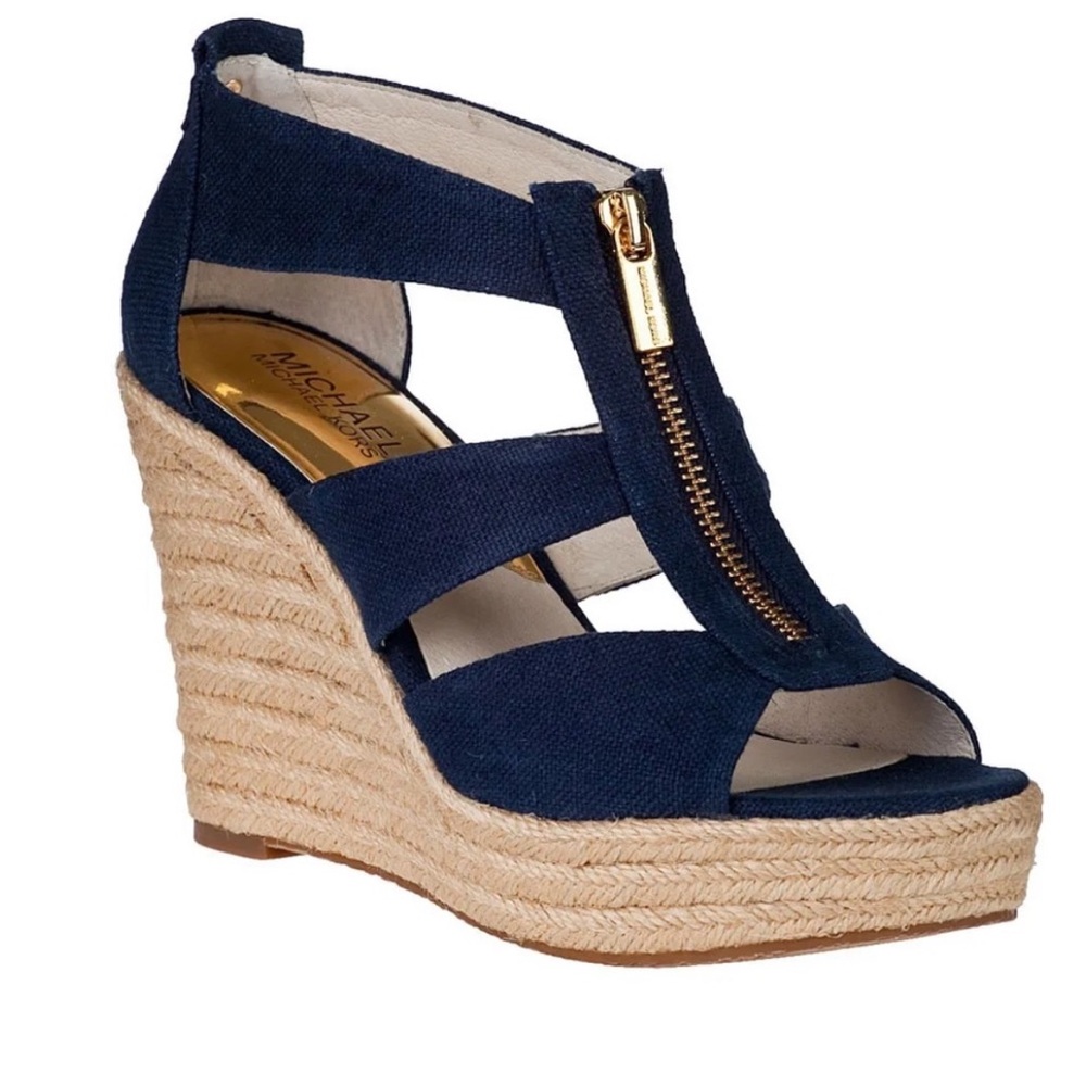 Michael Kors denim with gold accent wedges